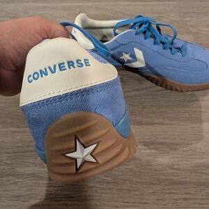 Converse Kids Blue and White Sneakers with Brown Soles